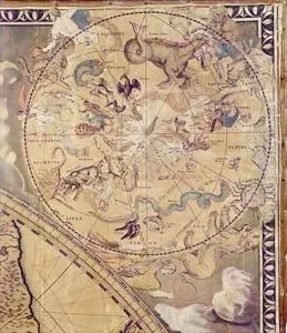 The top right section of 'Nova Totius Terrarum Orbis Tabula' (World Map) showing astrological signs of the zodiac by Joan Blaeu