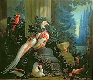 A White Pheasant, a Red Cardinal and Fowl in a Landscape by Abraham Bisschop Dordrecht