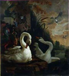 A Pair of Mute Swans, One Preening by Abraham Bisschop Dordrecht