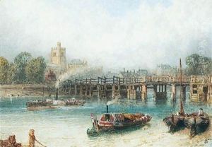 Boats On The Thames At Putney Bridge by Myles Birket Foster