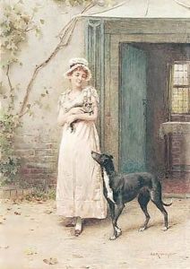 A Young Lady With A Dog And Kitten Standing In A Cottage Doorway