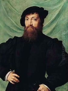 Portrait Of A Gentleman Standing Before A Green Curtain by Willem Adriaensz Key