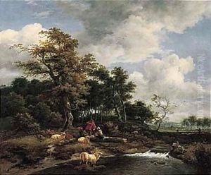 A Wooded Landscape With A Shepherd And Shepherdess Resting With Their Flock By A River by Jacob Van Ruisdael