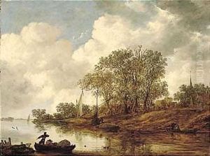 A River Landscape With Hay Barges Moored Near A Village by Jan van Goyen