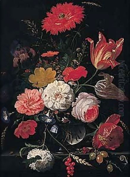 A Still Life Of Tulips, Roses, A Peony, An Iris, Several Varieties Of Poppy, Daisies, A Snowball, Convolvulus, Cow-parsley, Ears Of Corn In A Glass Vase On A Stone Ledge - view 1