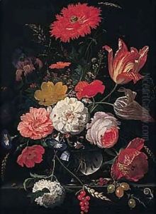 A Still Life Of Tulips, Roses, A Peony, An Iris, Several Varieties Of Poppy, Daisies, A Snowball, Convolvulus, Cow-parsley, Ears Of Corn In A Glass Vase On A Stone Ledge by Abraham Mignon