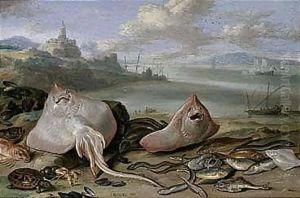 A Beach Scene With Rays, Eels, A Hermit Crab, Red Mullet, A Tortoise, And Other Fish by Jan van Kessel