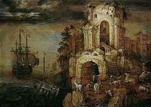 A Coastal Scene Under A Glowering Sky, With Goats And Other Animals And Peasants Among Ruins, A Man-o'-war And Small Vessels Offshore by Roelandt Jacobsz Savery