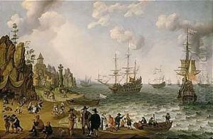 Elegant Figures, Dancing Peasants And Other Figures On A Rocky Shore, Royal Yachts And Other Shipping Vessels On Choppy Seas Beyond