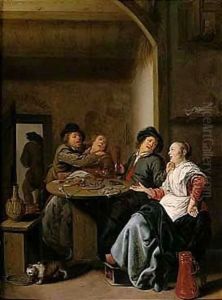 A Tavern Interior With Two Courting Peasant Couples Seated At A Table, Strewn With Food And Drink by Jan Miense Molenaer