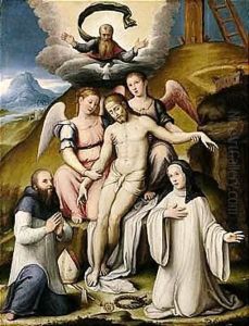 Pieta With Two Angels And A Bishop And A Nun Kneeling Before The Dead Christ by Luca Longhi