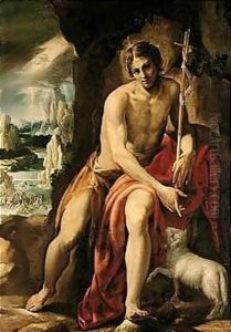 Saint John The Baptist In The Wilderness, The Baptism Of Christ In The Distance by Orazio Borgianni