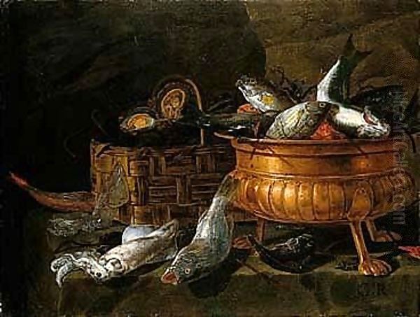 Still Life Of Oysters In A Basket, Fish In A Brass Bowl, And Squid And Other Fish Arranged On A Ledge - view 1
