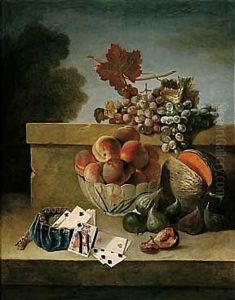 Still Life Of Peaches In A Porcelain Bowl, Together With Grapes, Figs, A Melon, And A Purse With Coins And Playing Cards, All Upon A Stone Ledge