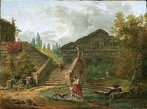 An Architectural Capriccio Of A Classical Temple, With A Maid Descending A Staircase, Another Maid And A Child Standing In A Pool, A Dog Nearby