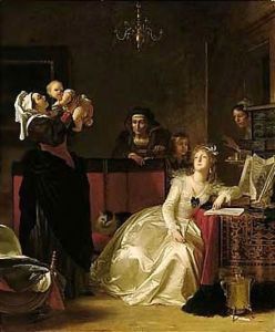 'La Jeune Mere Erudite' A Domestic Scene With A Child Being Held Up By A Nursemaid, An Elegantly Dressed Lady Seated Nearby, Pausing From Writing A Letter, And Other Figures Beyond by Marguerite Gerard