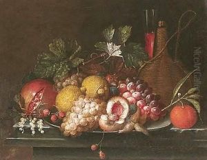 Still Life Of Peaches, Lemons, Grapes, Strawberries And Nuts Upon A Pewter Dish, Together With A Pomegranate, An Orange, A Casket Of Wine And A Wine Glass, Upon A Stone Ledge by Jan Pauwel Gillemans The Elder