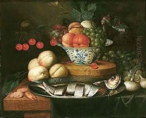 Still Life Of Fruits In A Blue And White Bowl, Together With Peaches, Grapes, Prawns, Onions And Herring On A Pewter Dish On A Table Partly Draped With A Blue Cloth by Jan Pauwel Gillemans The Elder