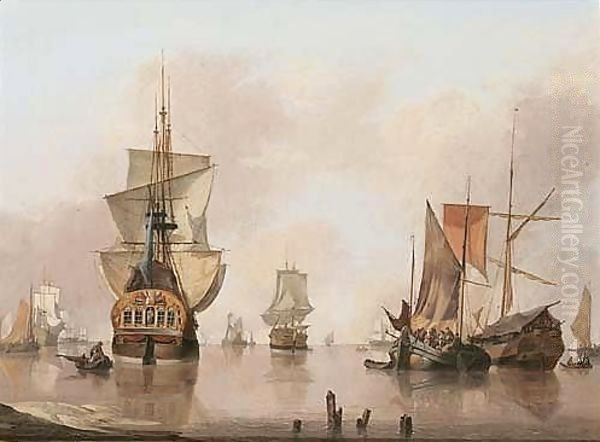 A Calm With Dutch Smalschips, A State Yacht And Other Shipping Vessels, Anchored Near A Shore - view 1
