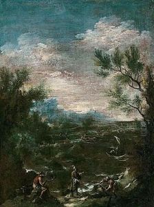 A coastal landscape with a turbaned man and other figures in the foreground