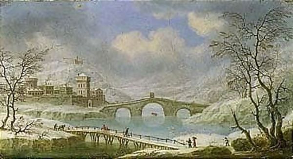A Winter Landscape With Figures Crossing A Bridge, A Town Beyond - view 1