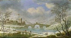 A Winter Landscape With Figures Crossing A Bridge, A Town Beyond by Orazio Grevenbroeck