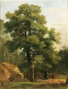 A Wooded Landscape With Travellers Resting Beneath A Tree by Jean-Victor Bertin