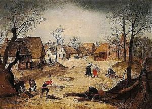 A Village Scene With Figures Chopping And Collecting Firewood In The Foreground, Other Villagers Gathered Outside A Cottage Beyond