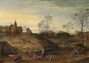 Spring - An Extensive Landscape With A View Of A Country-house With Figures Planting, Travellers On A Road In The Foreground by Jacob Grimmer