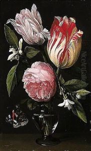 A Still Life Of A Rose, Tulips And Orange Blossom, In A Glass Vase With A Red Admiral Butterfly