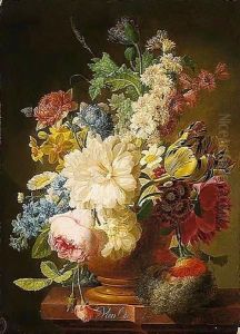 A Still Life Of Mixed Flowers Including Roses, Poppies And Narcissi In A Stone Vase, Together With A Bird's Nest, All Upon A Ledge With A Ladybird And A Moth by Pieter Faes
