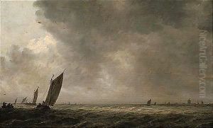 An Estuary Scene With A Smalschip And Other Fishing Vessels In A Breeze by Jan van Goyen