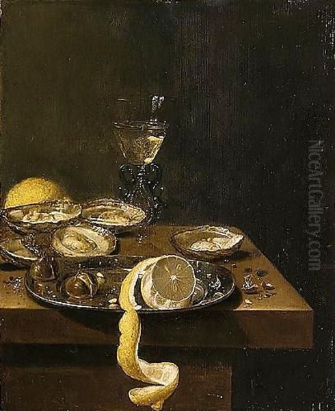 A Still Life Of A Peeled Lemon With Chestnuts Upon A Pewter Dish, Together With Oysters, A Wine-glass And A Lemon, All Upon A Table-top by Jan Jansz. Van De Velde