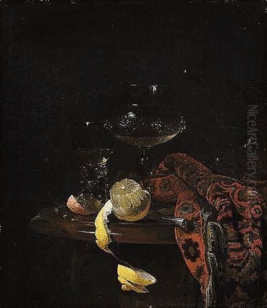Still Life Of A Peeled Lemon, A Roemer, A Wine-glass, A Knife And A Rug, All Upon A Marble Top Draped With A Carpet by Willem Kalf