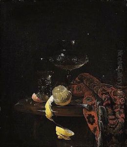Still Life Of A Peeled Lemon, A Roemer, A Wine-glass, A Knife And A Rug, All Upon A Marble Top Draped With A Carpet by Willem Kalf