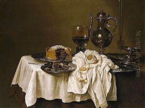 Still Life With A Roemer, A Silver Tazza, A Knife And A Sliced Lemon On A Pewter Plate, A Pie On A Pewter Plate, A Flute, Wine-glass And A Silver Pitcher, Together With A Lemon, All Arranged On A Table