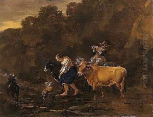 An Evening Landscape With Drovers Fording A Stream by Nicolaes Berchem