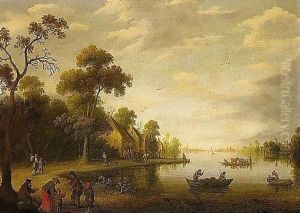 A River Landscape With Fishermen, Beggars On A Track And A Horse-drawn Cart Stopped Outside An Inn Beyond