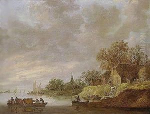 A River Landscape With A Ferryboat Approaching A Village
