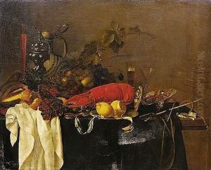 A Still Life With A Lobster, Fruit, Lemons, A Porcelain Jug, Pewter Vessels And A Facon-de-venise Wine-glass, All On A Table Draped In Green Velvet by Jan Davidsz. De Heem