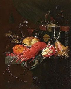A Still Life Of A Lobster, A Conch Shell, A Tulip, Orange, Redcurrants, Bread, A Salt Cellar And A Wine-glass, Together With A String Of Pearls And A Jewellery Casket Upon A Partly-draped Stone Ledge by Elias van den Broeck