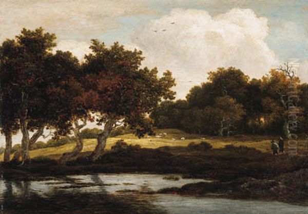 A Wooded Landscape With Travellers On A Track By A Pool - view 1