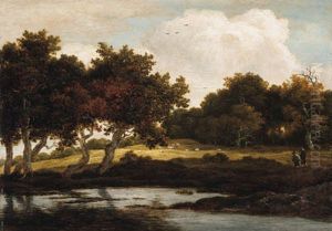 A Wooded Landscape With Travellers On A Track By A Pool by Jacob Van Ruisdael