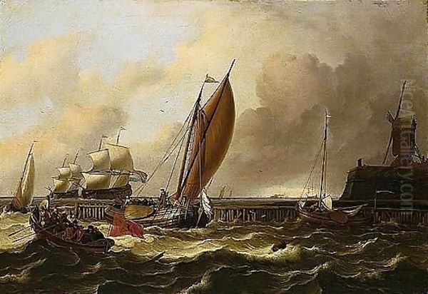 A Seascape With A Jetty And Windmill, A Fishing Boat Flying The Amsterdam Flag And Smalschips On Choppy Seas, Larger Shipping Vessels Beyond And A Lime-kiln On The Horizon - view 1