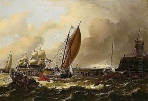 A Seascape With A Jetty And Windmill, A Fishing Boat Flying The Amsterdam Flag And Smalschips On Choppy Seas, Larger Shipping Vessels Beyond And A Lime-kiln On The Horizon