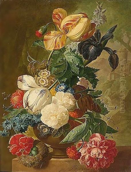 A Still Life Of Flowers, Including Tulips, A Delphinium And An Iris In A Stone Vase, A Bird's Nest With Eggs Below And A Landscape Beyond - view 1