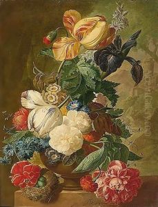 A Still Life Of Flowers, Including Tulips, A Delphinium And An Iris In A Stone Vase, A Bird's Nest With Eggs Below And A Landscape Beyond