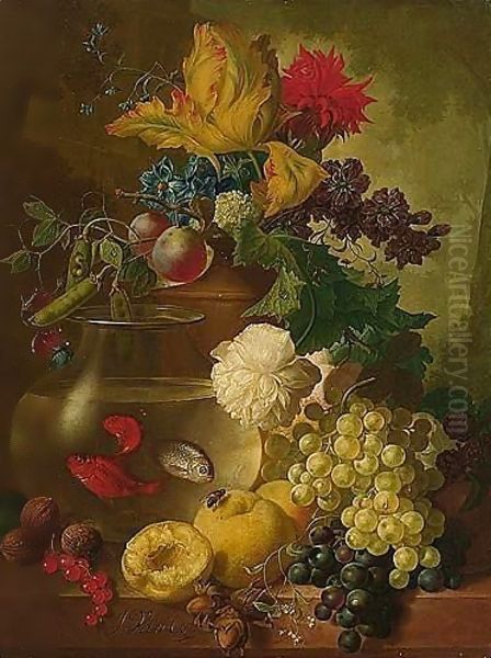 Still Life Of Fruit And Flowers, Together With Walnuts And Hazelnuts, A Bird's Nest And A Goldfish Bowl On A Ledge, A Landscape Beyond - view 1