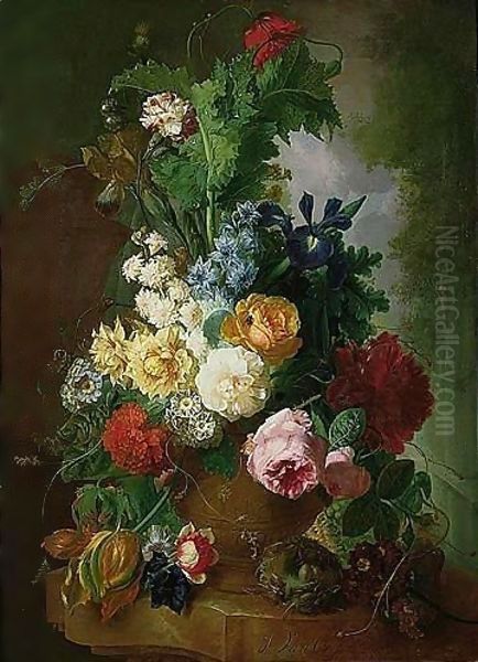 A Still Life Of Flowers In A Terracotta Urn With A Bird's Nest On A Marble Ledge, A Garden Beyond - view 1
