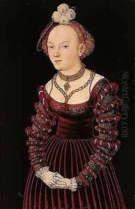 Portrait Of A Young Lady, Three-quarter Length Standing, Dressed In A Red Velvet Dress And Wearing A Plumed Cap by Lucas The Elder Cranach